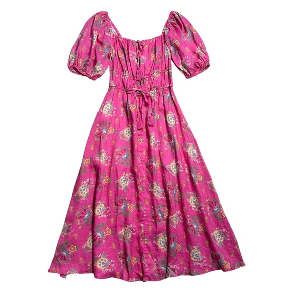 Spell & The Gypsy Pink Floral Solstice Linen Soiree Midi Dress Womens M - Picture 2 of 8